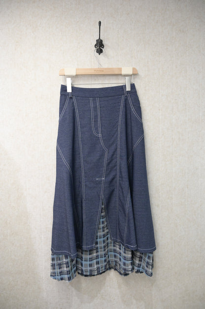 初秋・滑滑防牛仔拼格仔半身裙 2色入 2W21014