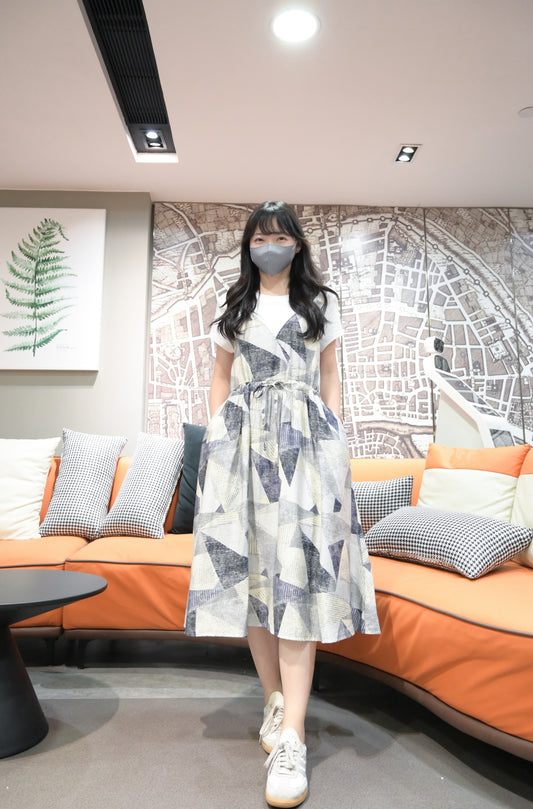 幾何圖案束腰假兩件連身裙 S20827