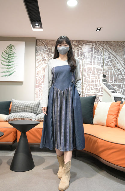 初秋・束腰拼布修腰連身裙 2色入 1W21025