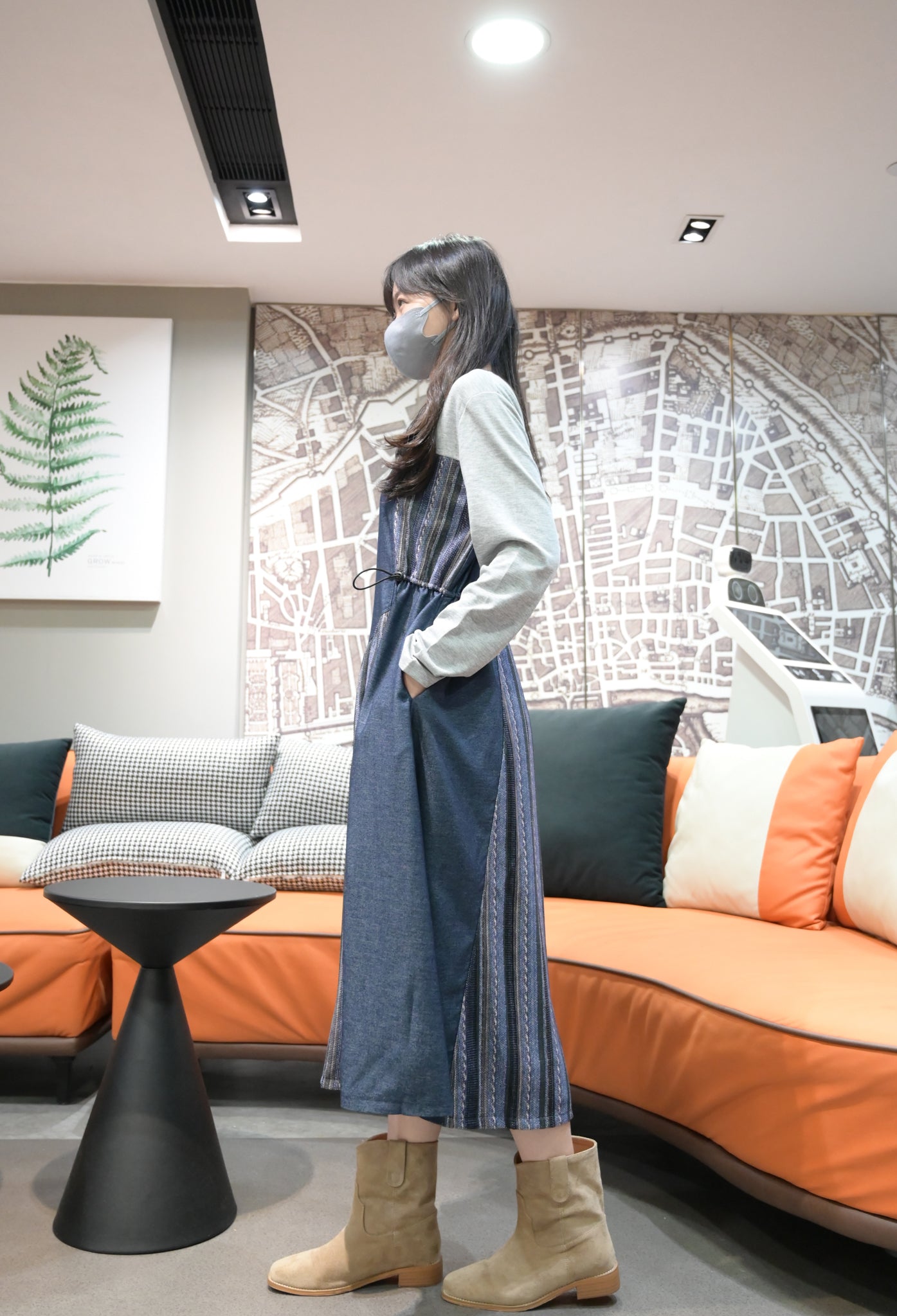 初秋・束腰拼布修腰連身裙 2色入 1W21025