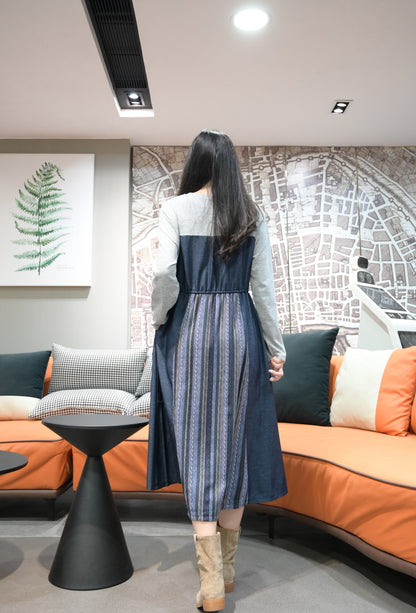 初秋・束腰拼布修腰連身裙 2色入 1W21025