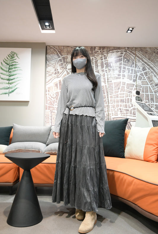 初秋・細格仔滑滑彈性木耳邊上衣 3色入 1W11021