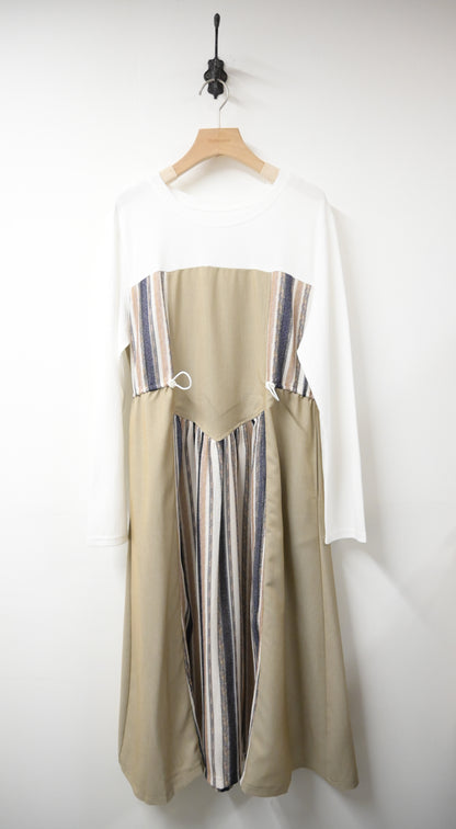 初秋・束腰拼布修腰連身裙 2色入 1W21025