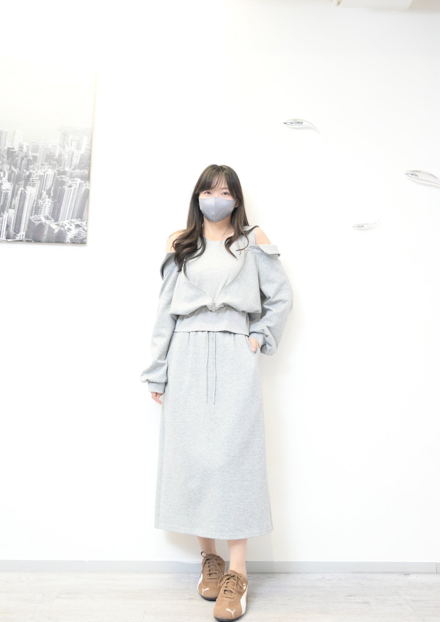 秋冬・太空棉露肩衛衣配半身裙SET 2 色入 1W61032