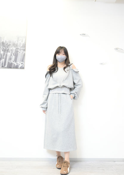 秋冬・太空棉露肩衛衣配半身裙SET 2 色入 1W61032