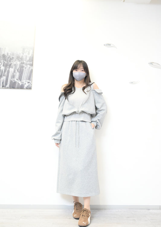 秋冬・太空棉露肩衛衣配半身裙SET 2 色入 1W61032