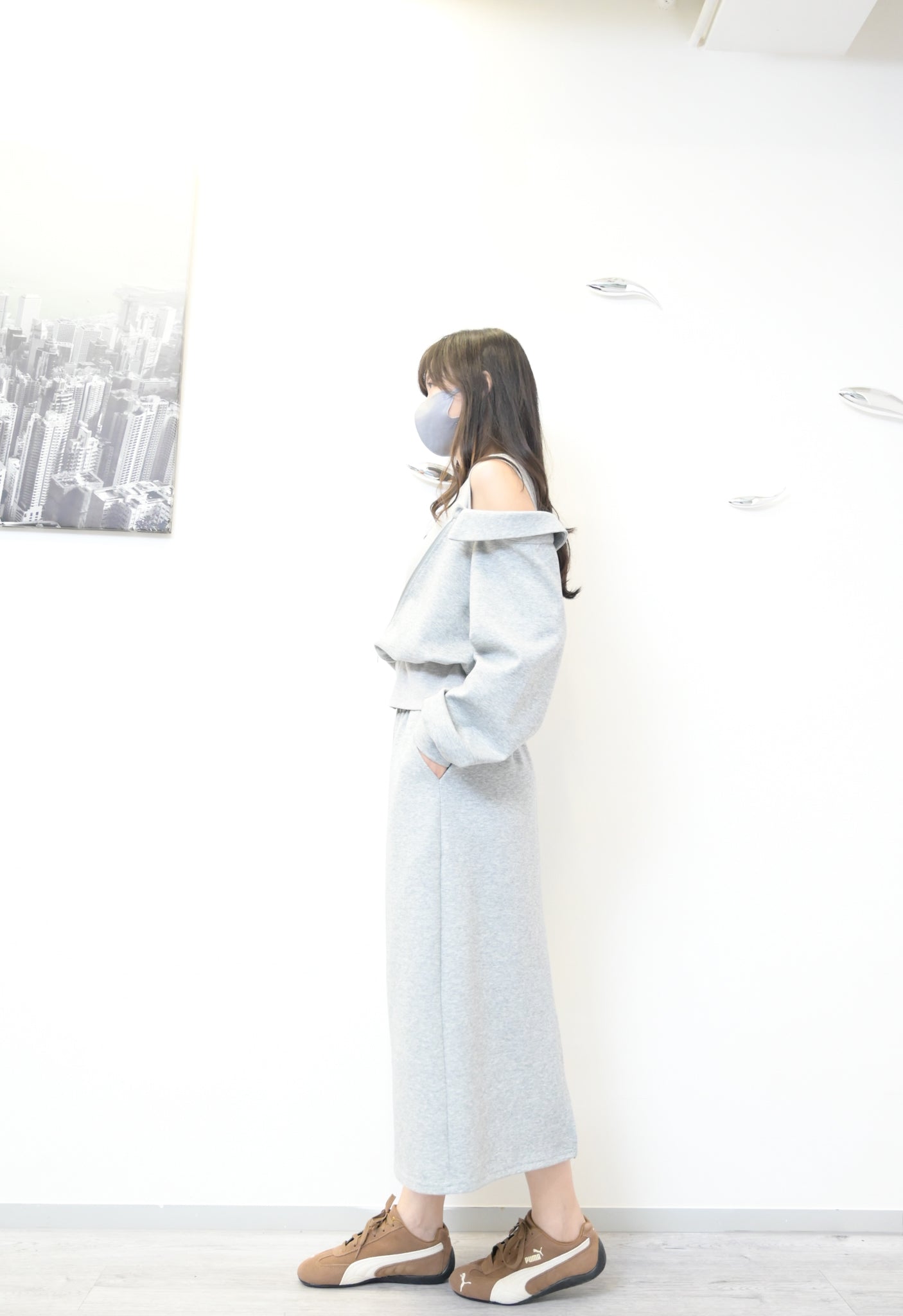 秋冬・太空棉露肩衛衣配半身裙SET 2 色入 1W61032