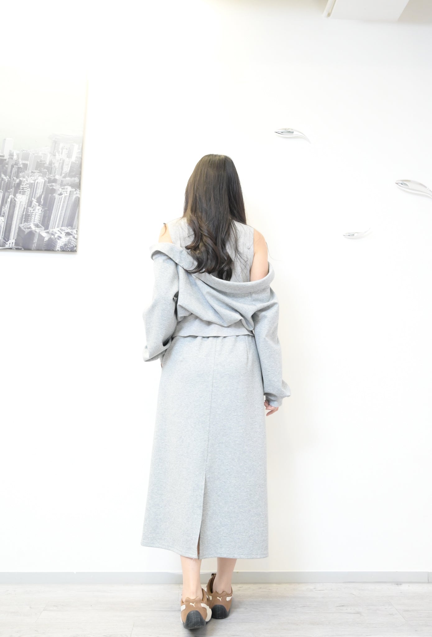 秋冬・太空棉露肩衛衣配半身裙SET 2 色入 1W61032