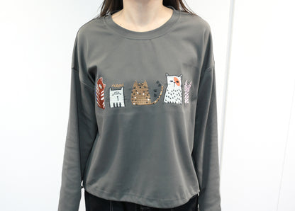 初秋・刺繡貓貓束邊薄衛衣 2色入 1W21033