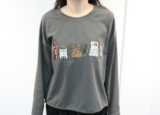 初秋・刺繡貓貓束邊薄衛衣 2色入 1W21033