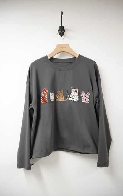 初秋・刺繡貓貓束邊薄衛衣 2色入 1W21033