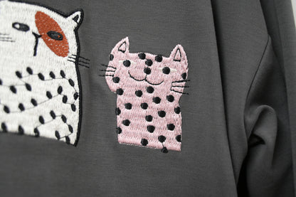 初秋・刺繡貓貓束邊薄衛衣 2色入 1W21033