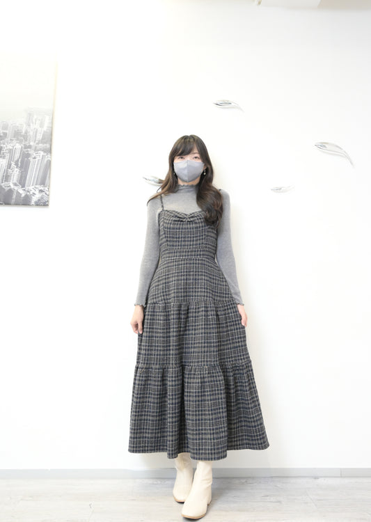 秋冬・厚格仔長裙配幼針織彈性上衣SET 2色入 1W61126