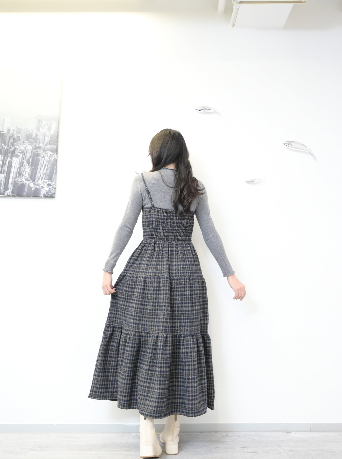 秋冬・厚格仔長裙配幼針織彈性上衣SET 2色入 1W61126