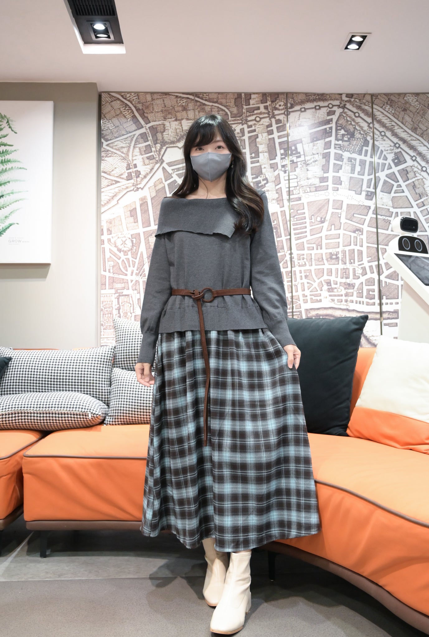 秋冬・反領針織拼接格仔寬鬆長裙連belt 2色入 1W61127