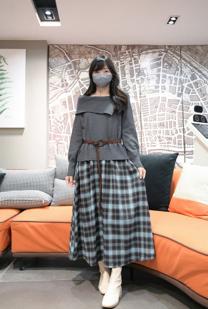 秋冬・反領針織拼接格仔寬鬆長裙連belt 2色入 1W61127