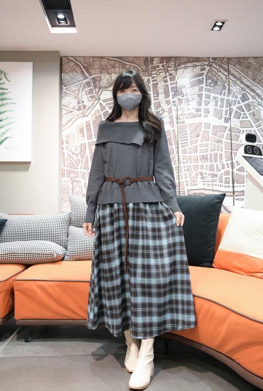 秋冬・反領針織拼接格仔寬鬆長裙連belt 2色入 1W61127