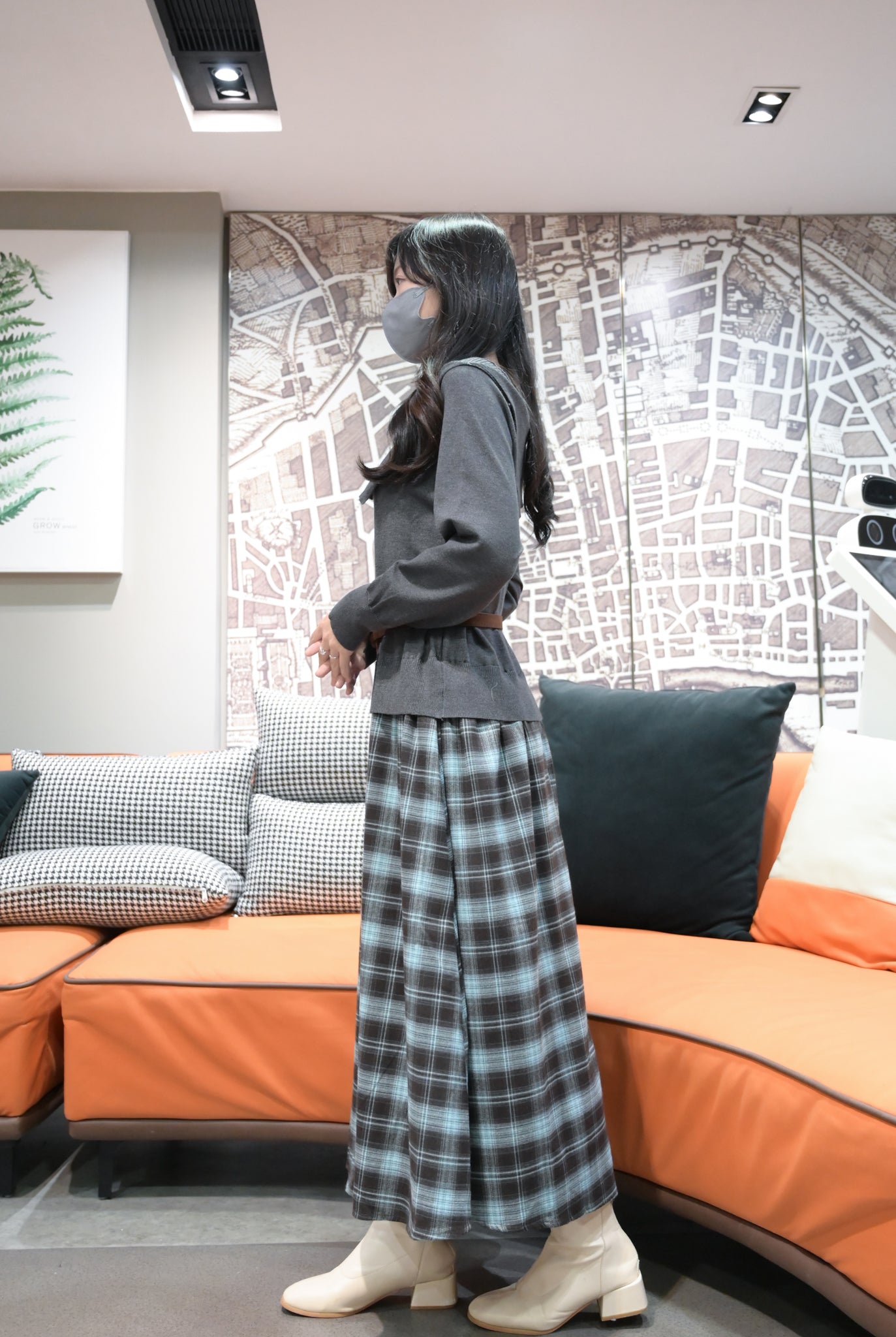 秋冬・反領針織拼接格仔寬鬆長裙連belt 2色入 1W61127