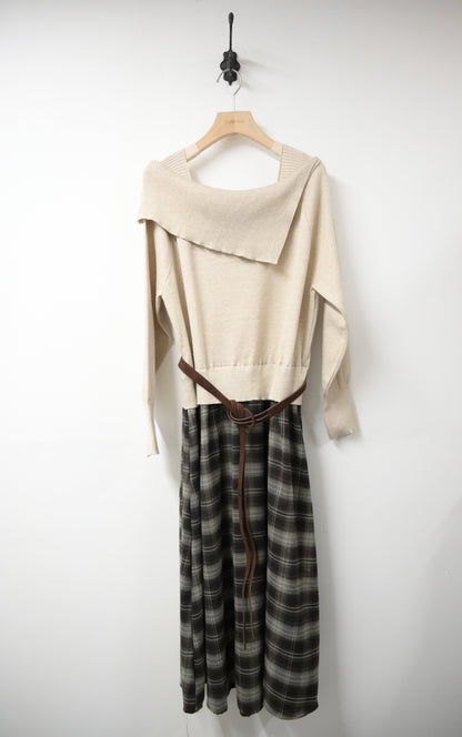 秋冬・反領針織拼接格仔寬鬆長裙連belt 2色入 1W61127