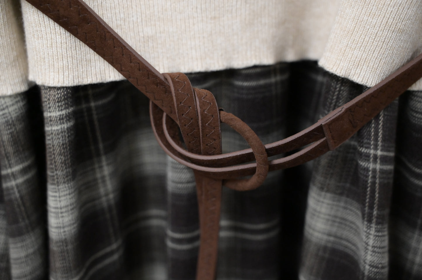 秋冬・反領針織拼接格仔寬鬆長裙連belt 2色入 1W61127