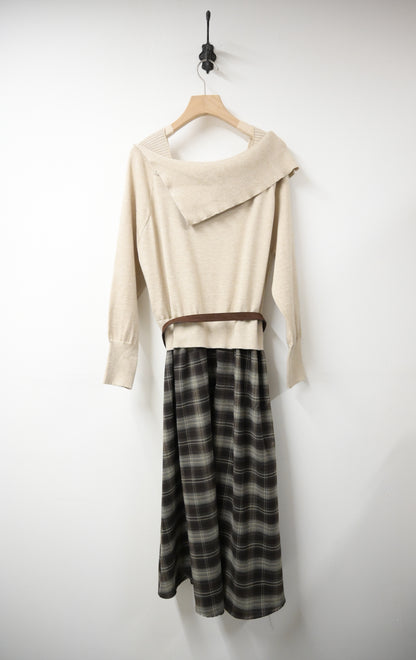 秋冬・反領針織拼接格仔寬鬆長裙連belt 2色入 1W61127