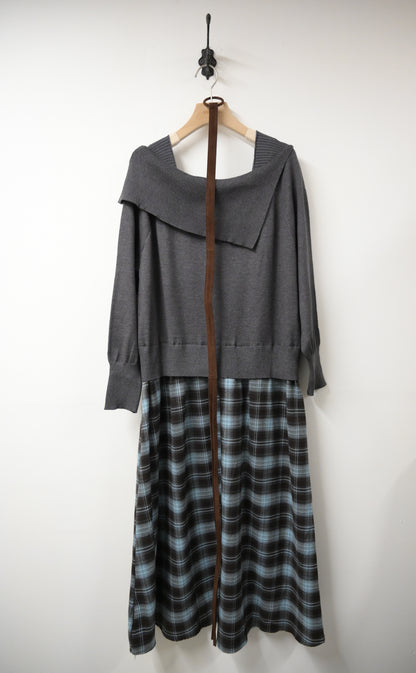 秋冬・反領針織拼接格仔寬鬆長裙連belt 2色入 1W61127