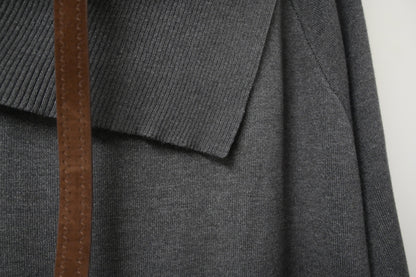 秋冬・反領針織拼接格仔寬鬆長裙連belt 2色入 1W61127