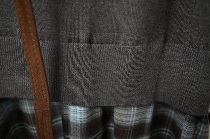 秋冬・反領針織拼接格仔寬鬆長裙連belt 2色入 1W61127