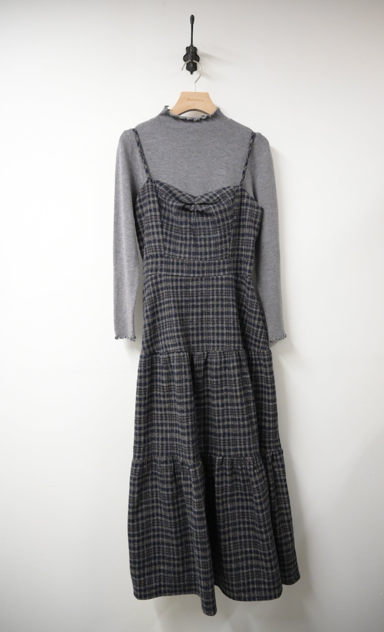 秋冬・厚格仔長裙配幼針織彈性上衣SET 2色入 1W61126