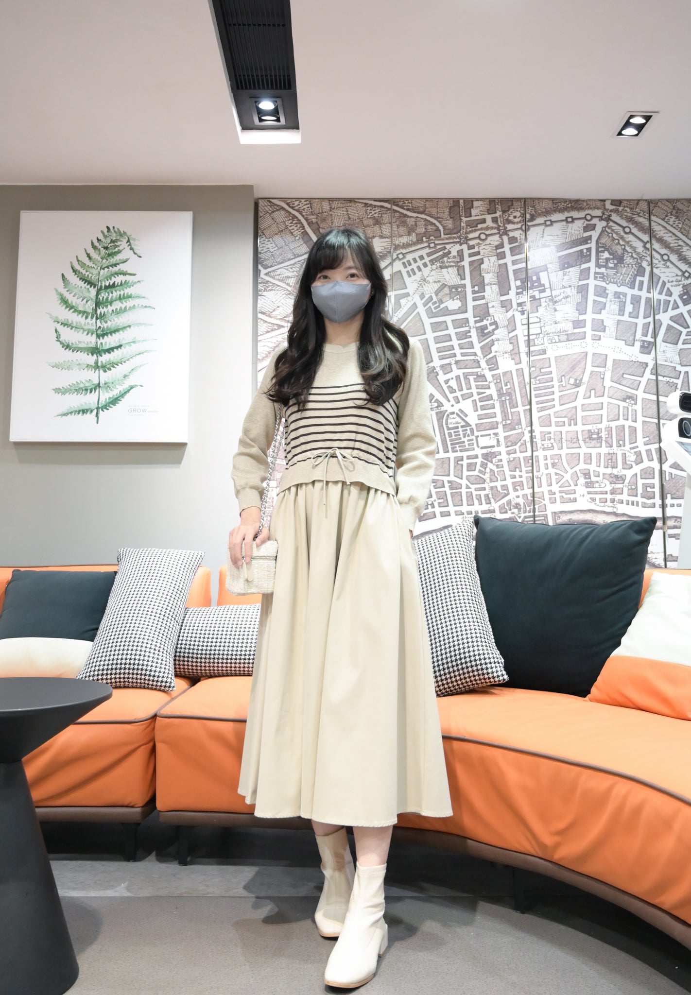 秋冬・抽繩橫間柔軟針織拼接連身裙 2色入 1W61146