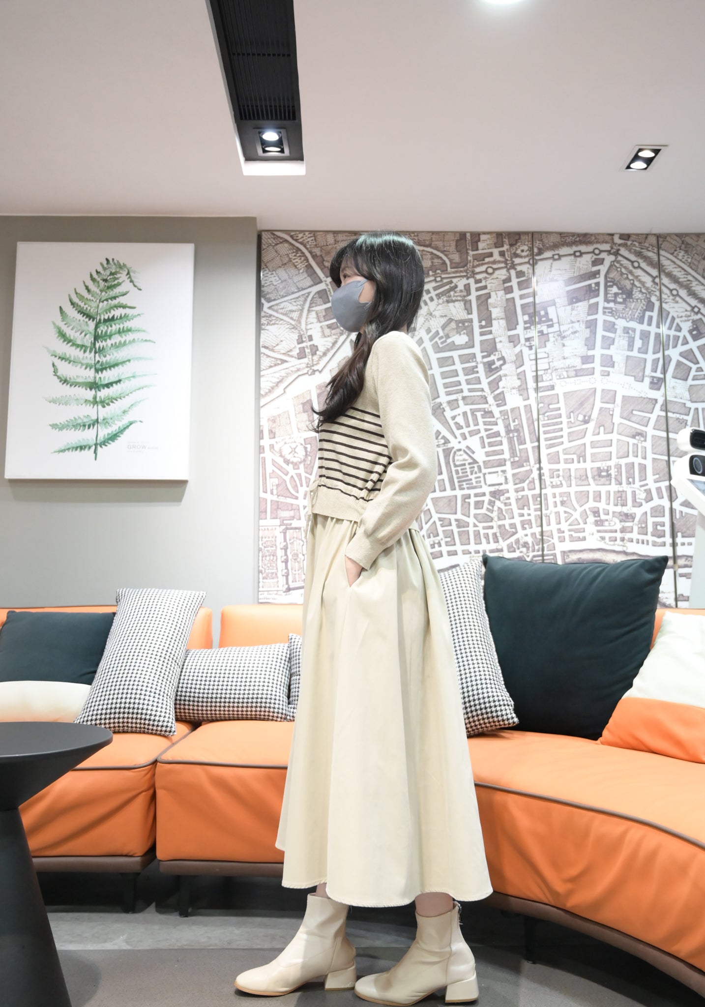 秋冬・抽繩橫間柔軟針織拼接連身裙 2色入 1W61146