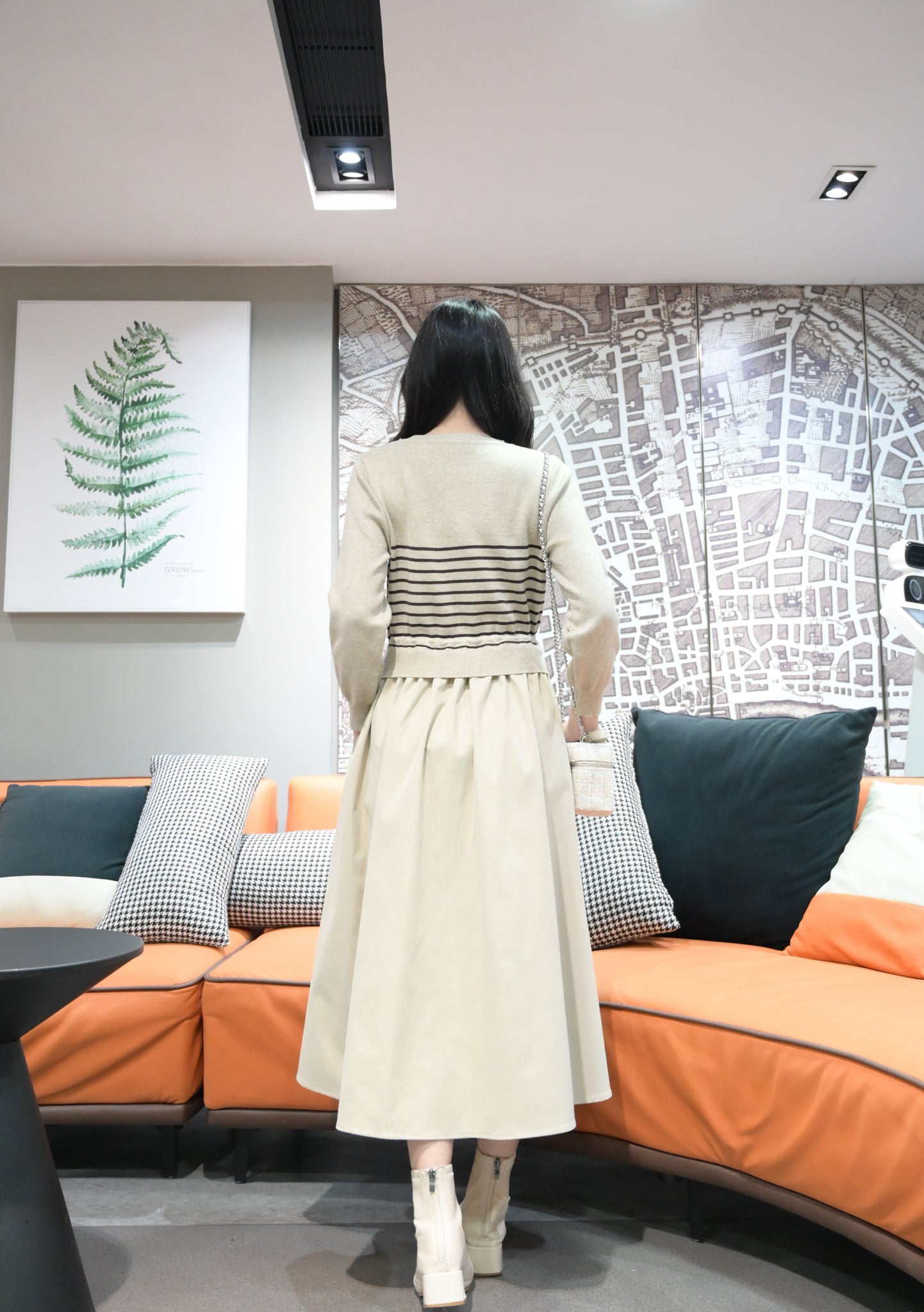 秋冬・抽繩橫間柔軟針織拼接連身裙 2色入 1W61146