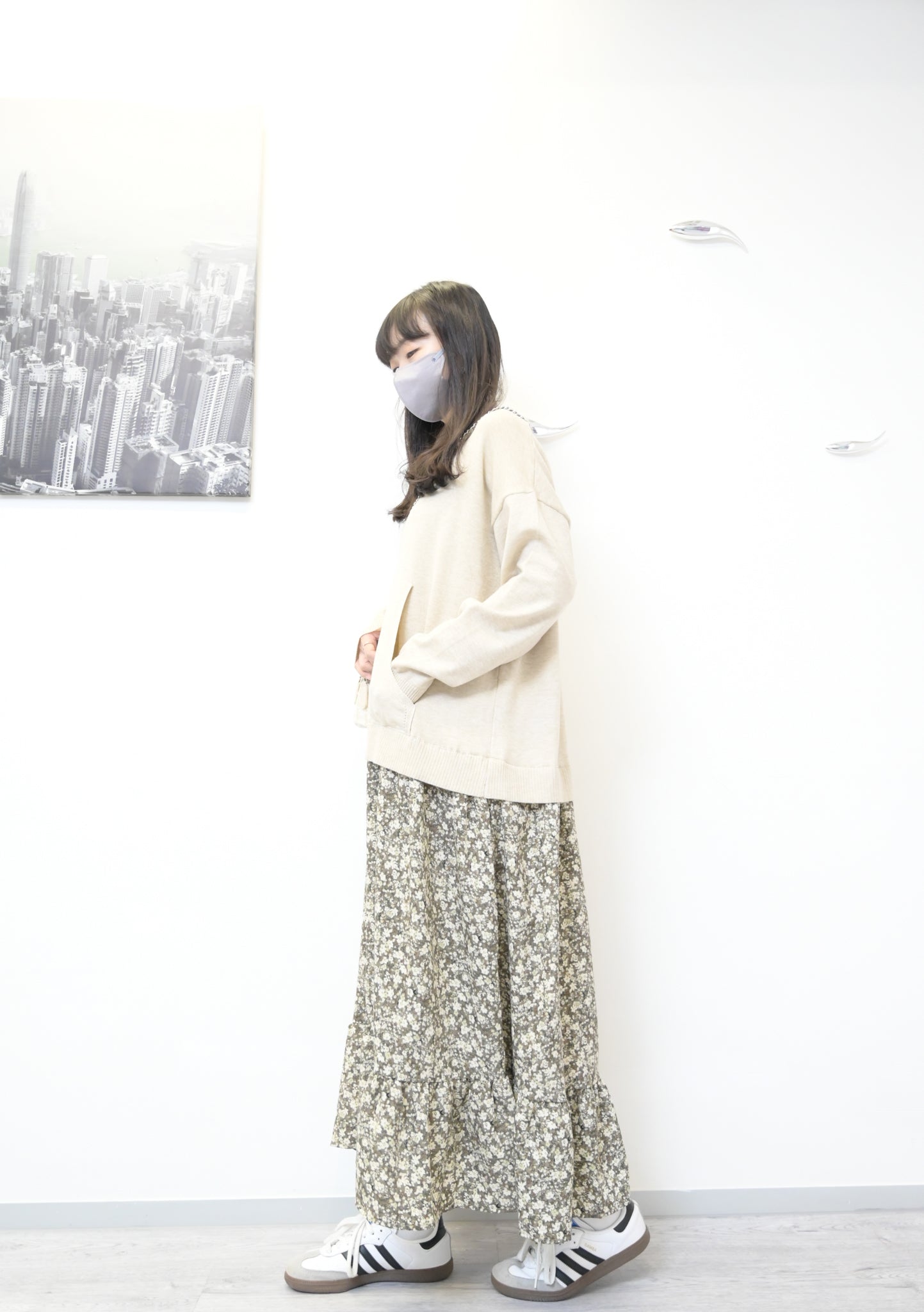 秋冬· 針織布料拼碎花寬鬆長裙 2色入 1W61118