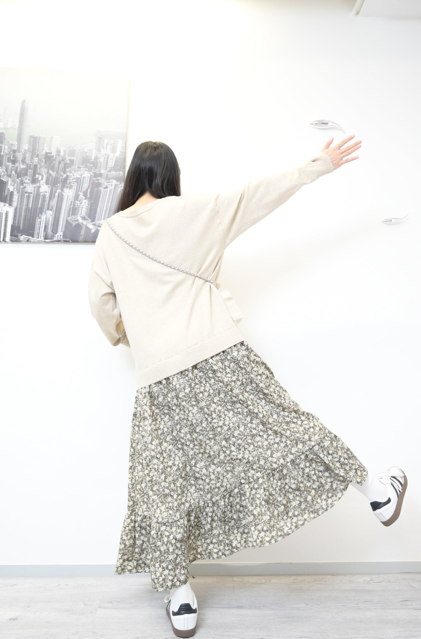 秋冬· 針織布料拼碎花寬鬆長裙 2色入 1W61118