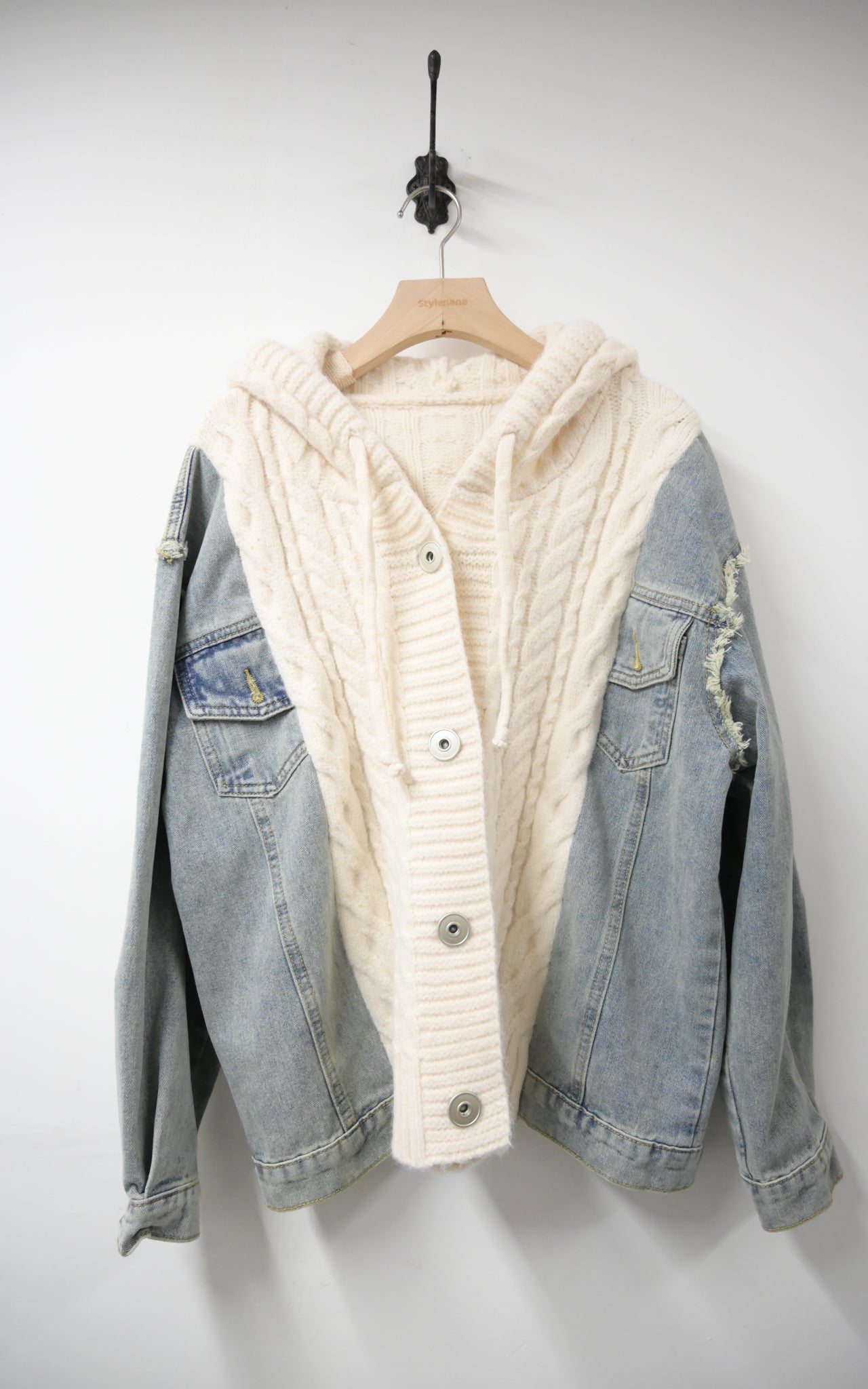 秋冬・柔軟冷衫拼接洗水牛仔外套 2色入 1W61147