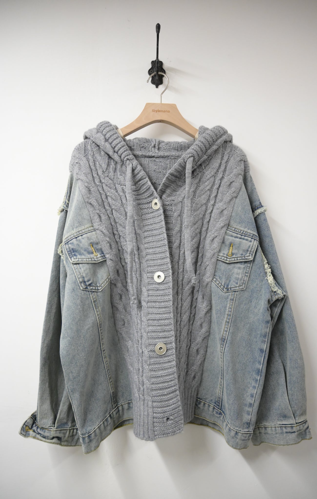 秋冬・柔軟冷衫拼接洗水牛仔外套 2色入 1W61147