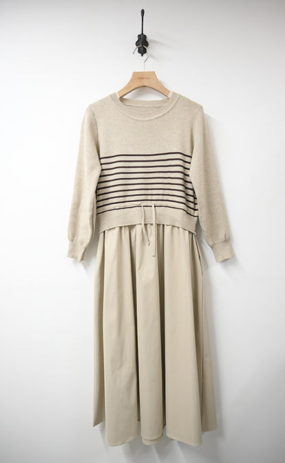 秋冬・抽繩橫間柔軟針織拼接連身裙 2色入 1W61146