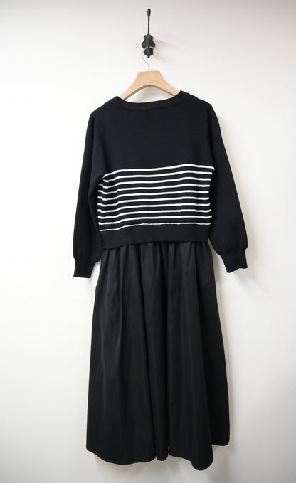 秋冬・抽繩橫間柔軟針織拼接連身裙 2色入 1W61146