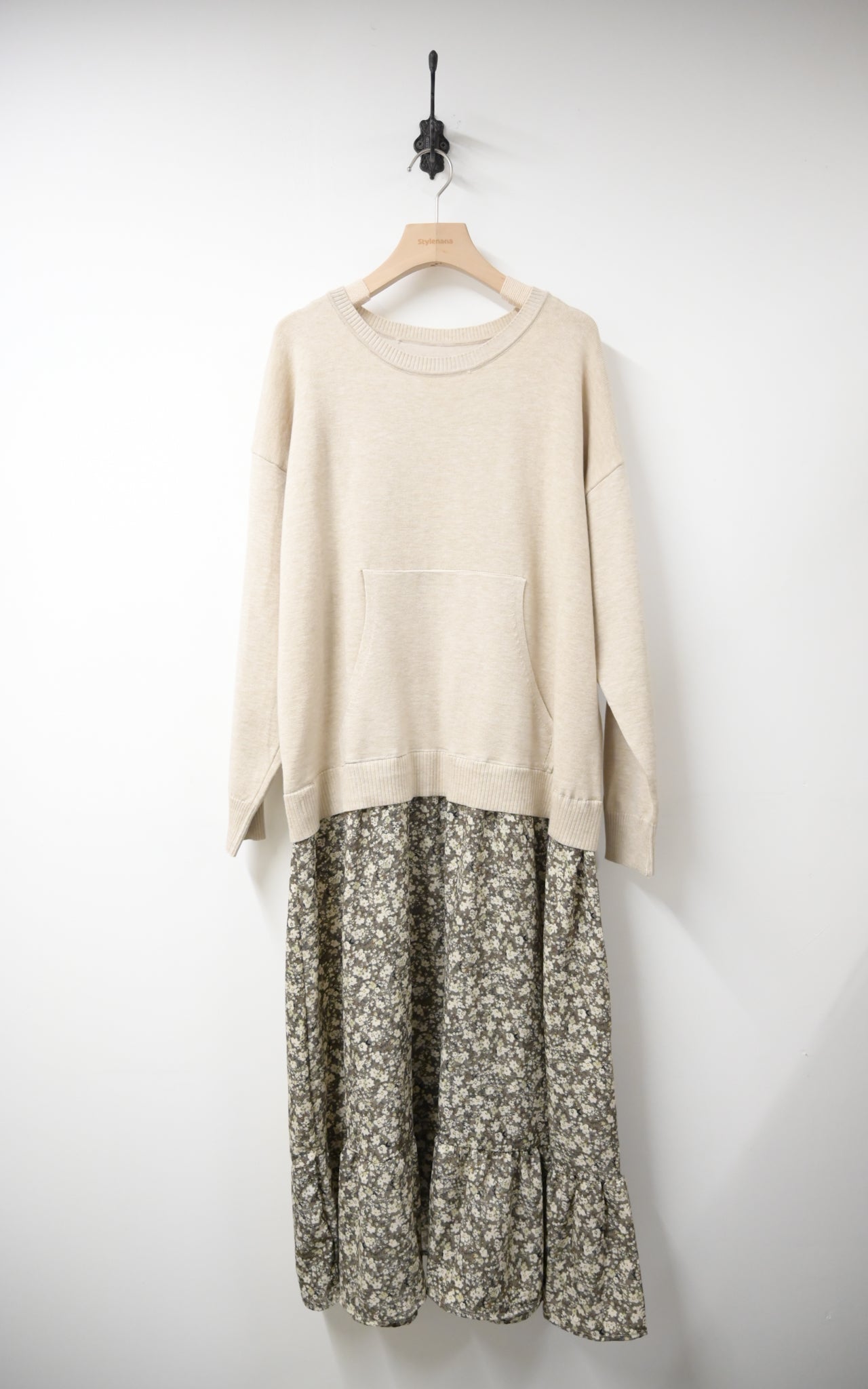 秋冬· 針織布料拼碎花寬鬆長裙 2色入 1W61118