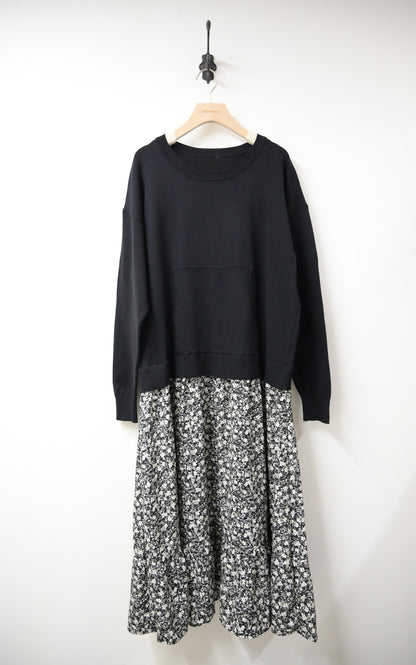 秋冬· 針織布料拼碎花寬鬆長裙 2色入 1W61118