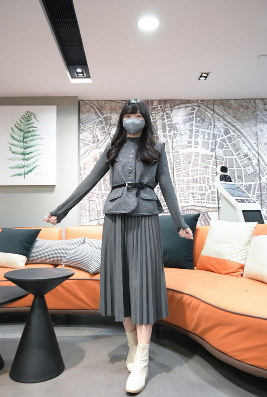 秋冬・流蘇邊馬甲配修腰百褶連身裙 2色入  1W61164