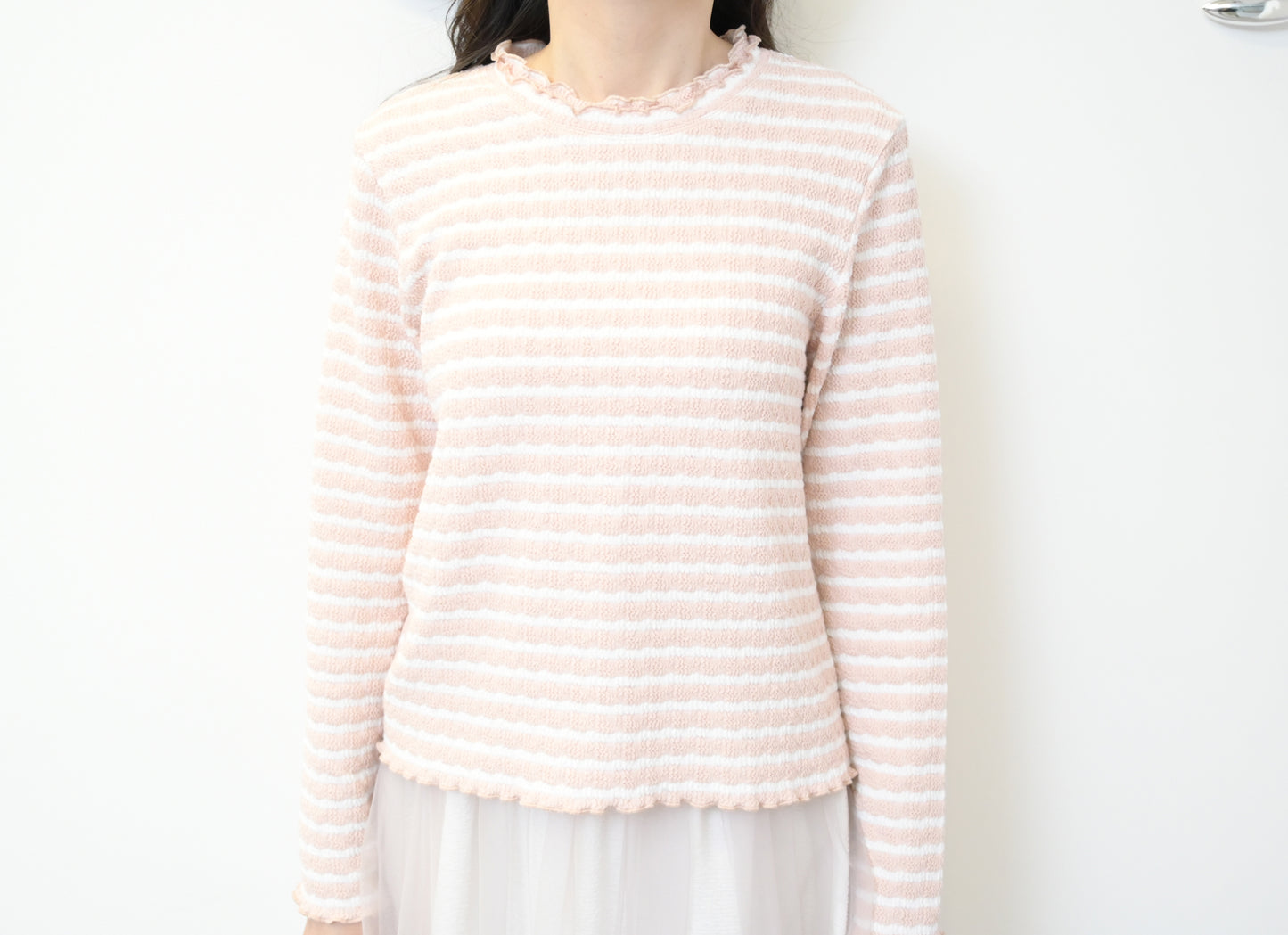 秋冬・馬卡龍橫間木耳邊上衣 2色入 1W51226