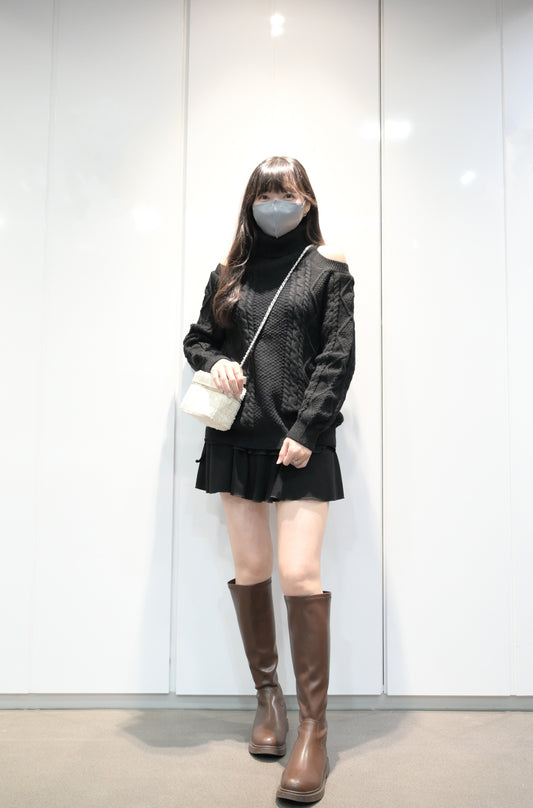 秋冬・高領露肩麻花針織冷衫 2色入 1W61232