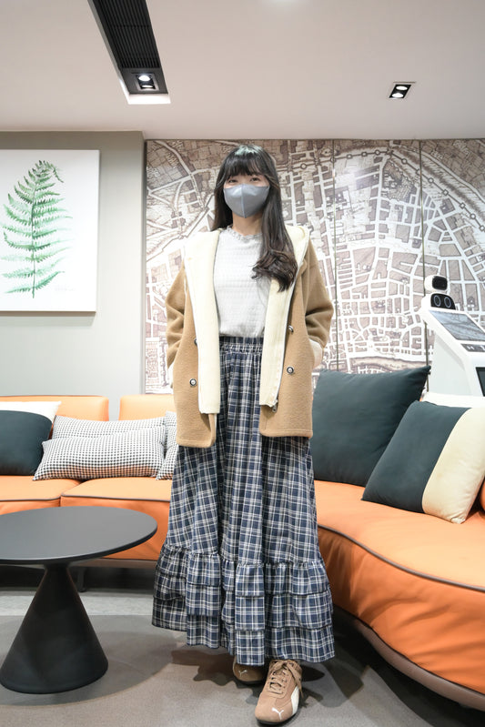 秋冬・反領拼色幼針織可拆帽中長外套 2色入 1W61230