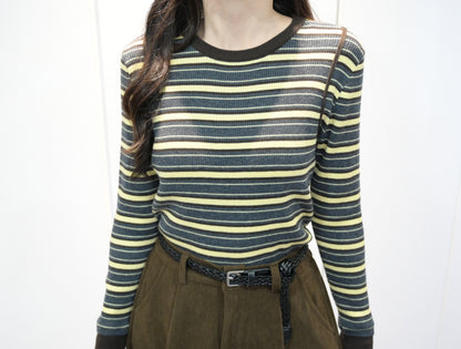 秋冬・超彈條紋撞色線針線上衣  2色入 1W61236