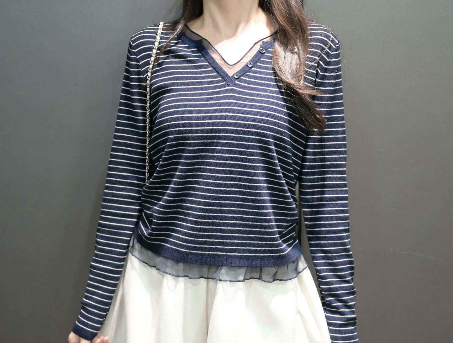 秋冬・透視邊邊橫間針織上衣 2色入 1W60117