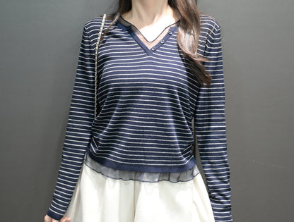 秋冬・透視邊邊橫間針織上衣 2色入 1W60117