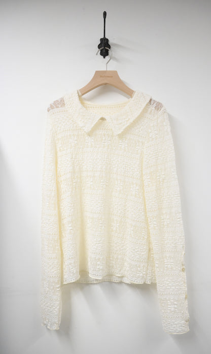 秋冬・露指袖反領彈性Lace上衣 2色入 1W10135
