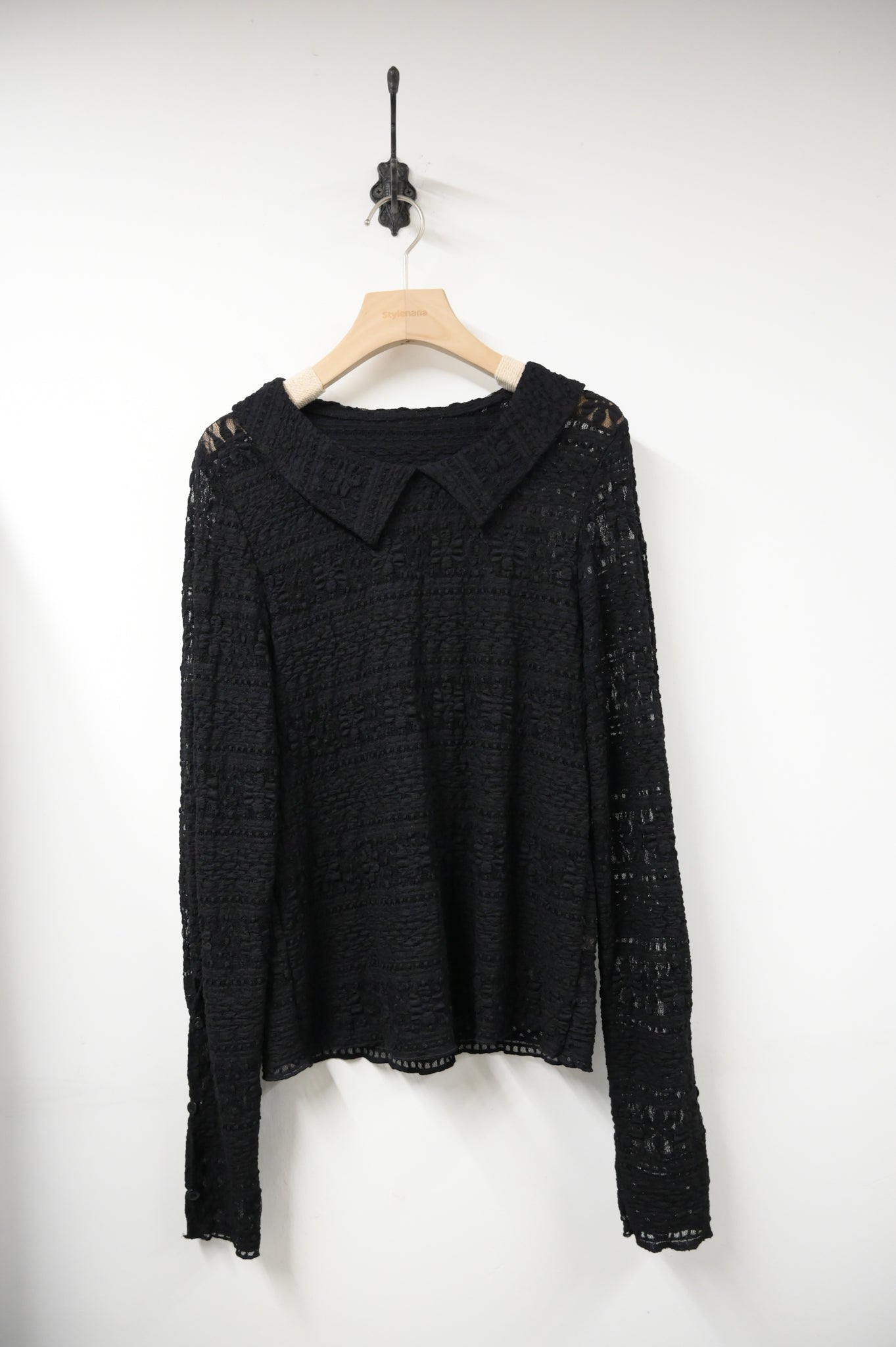 秋冬・露指袖反領彈性Lace上衣 2色入 1W10135