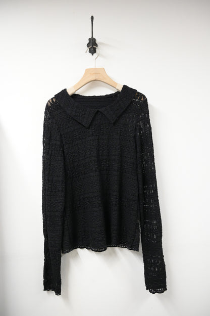 秋冬・露指袖反領彈性Lace上衣 2色入 1W10135
